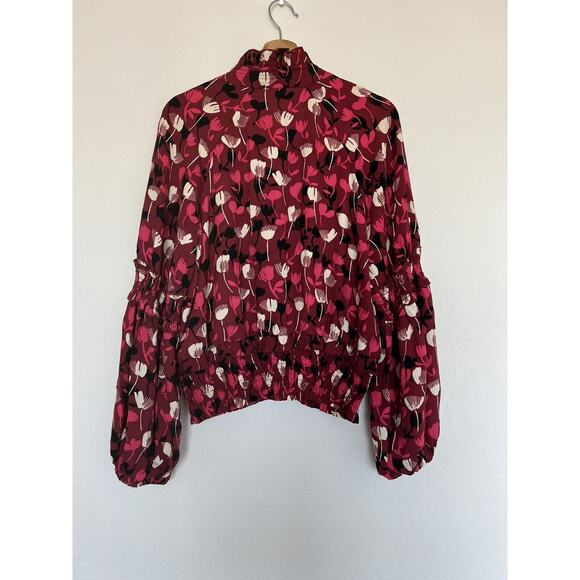 CABI Poppy Floral Blouse Sz M Ruffle Split Neck Balloon Sleeves Ruche Waist Boho - Picture 10 of 12